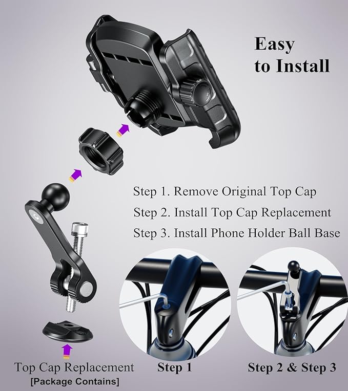 BRCOVAN Bike Fork Stem Phone Mount Holder [Camera Friendly] [1s Lock & Release] Adjustable Bicycle Headset Top Cap Cellphone Cradle with Solid Aluminum Mounting Base Fit 5.4'' - 7.2" Smartphones