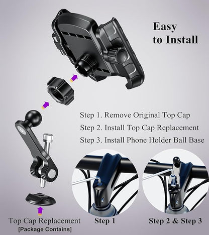 BRCOVAN Bike Fork Stem Phone Mount Holder [Camera Friendly] [1s Lock & Release] Adjustable Bicycle Headset Top Cap Cellphone Cradle with Solid Aluminum Mounting Base Fit 5.4'' - 7.2" Smartphones