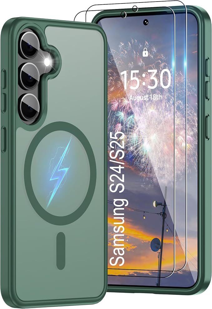 For Samsung Galaxy S24 Case & Galaxy S25 Case [Compatible with Magsafe] Translucent Matte Magnetic Phone Case,Slim Thin Duty Shockproof Protection with 2pc HD Screen Protector for S24/S25-Dark green
