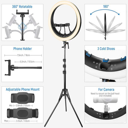 NEEWER Ring Light RP19H 19 Inch with Tripod Stand 3 Phone Holders Compatible with iPhone, Upgraded 2.4G Touch Control Ringlight for Video Recording Streaming Home Office Zoom Selfie Makeup Lighting