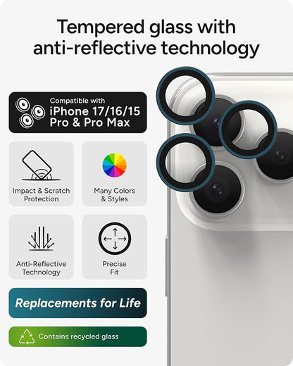 ZAGG iPhone Camera Lens Protector for iPhone 17/16/15 Pro and Pro Max Models - Blue, Camera Ring, Maximum Impact & Scratch Protection, Anti-Reflective Technology, Smudge-Resistant, Glass Elite