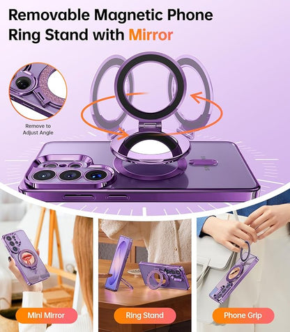 Meifigno Magnetic Case for Samsung Galaxy S26 Ultra 6.9" + Removable Phone Grip Kit, [Phone Ring Holder with Built-in Mirror] [Compatible with MagSafe] [Glitter Card & Wrist Strap], Cobalt Violet