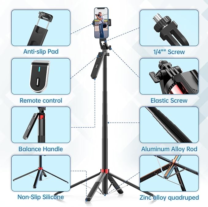 ULANZI MA09 71'' Phone Tripod, Selfie Stick Cell Phone Tripod Stand with Wireless Remote Control 360° for Rotation Travel Selfie Video Recording Live Compatible with iPhone Android Camera Action GoPro