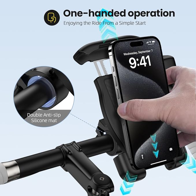 Bike Phone Holder, Motorcycle Phone Mount 360°Rotatable Handlebar Cell Phone Clamp Scooter Phone Clip for iPhone 17 Pro Max/17e/16/15/14/13,Galaxy S26 Ultra/S25/A17/A16/A57 and More 4.7"-7.3" Phones