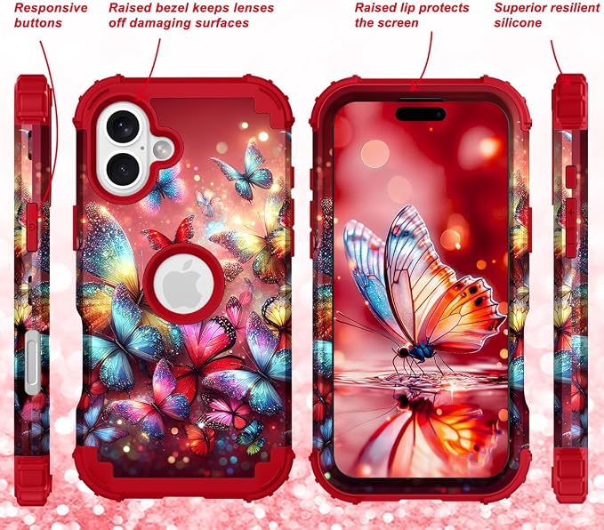 Hocase for iPhone 16 Case 6.1", Heavy Duty Shockproof Protection Soft Silicone Rubber+Hard Plastic Bumpers Hybrid Protective Case for iPhone 16 2024 - Shimmering Butterflies in Red