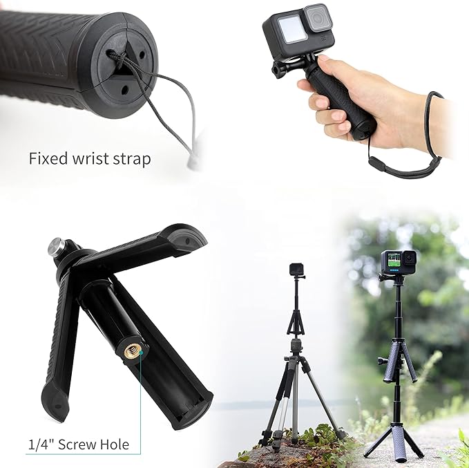 GEPULY Mini Hand Grip Selfie Stick Tripod Stand for GoPro Hero 13 12 11 10 9 8 7 6 5 4 3,Session, Fusion, Max,Insta360, DJI, Akaso, Phone-Use it as a Selfie Stick Monopod, Handle, Travel Tripod