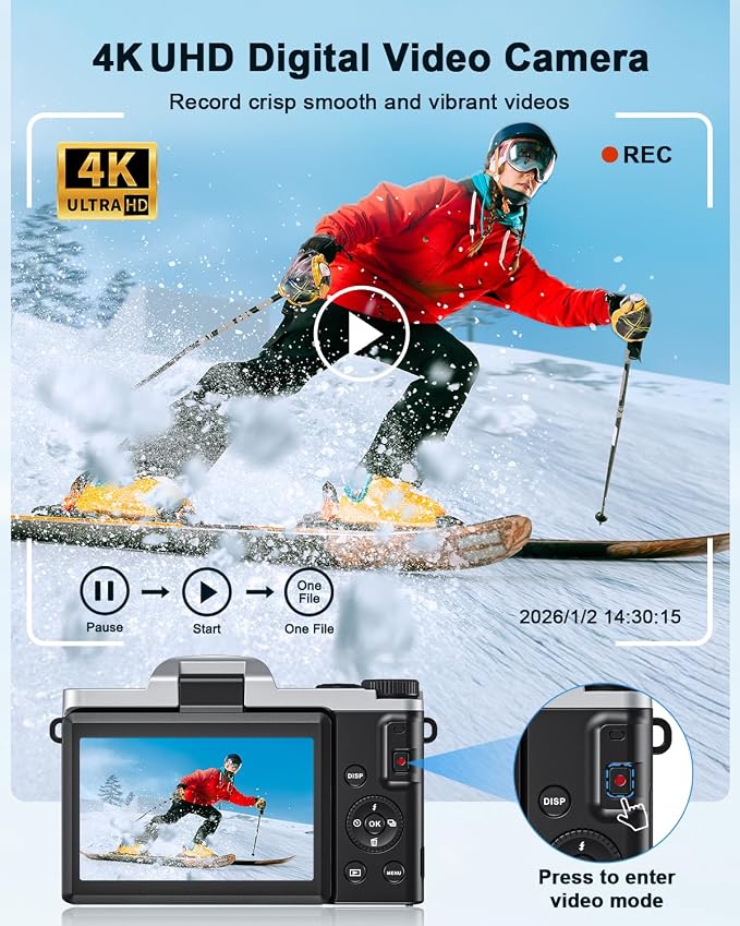 4K Digital Camera with WiFi 64MP Autofocus Vlogging Camera Compact Travel Cameras for Photography, 3" 180° Flip Screen 16X Zoom Flash Anti-Shake, Point and Shoot Camera for Beginner, Easy to Use