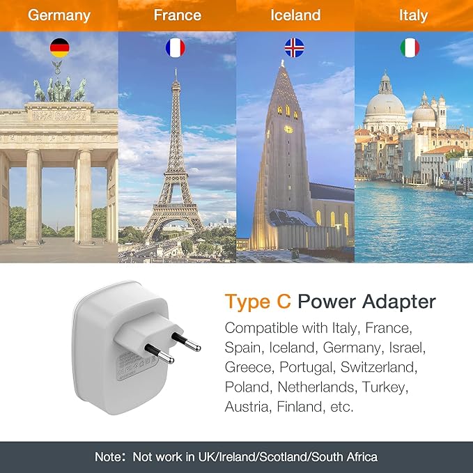TESSAN European Travel Plug Adapter, 2 Pack, Type C, 2 USB | International Power Outlet Adaptor, USA to Most of Europe EU Spain Iceland Germany France Italy Israel