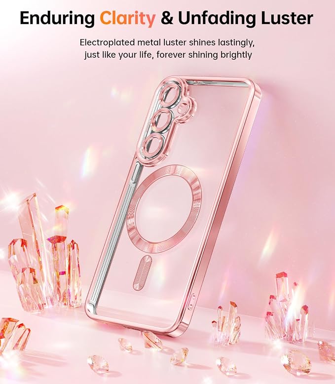 Meifigno Case Designed for Samsung Galaxy S25 6.2 inch, [Compatible with MagSafe] [2X HD Screen Protectors] [Glitter Card & Wrist Strap] Surround Lens Protection Case for Galaxy S25, Rose Gold