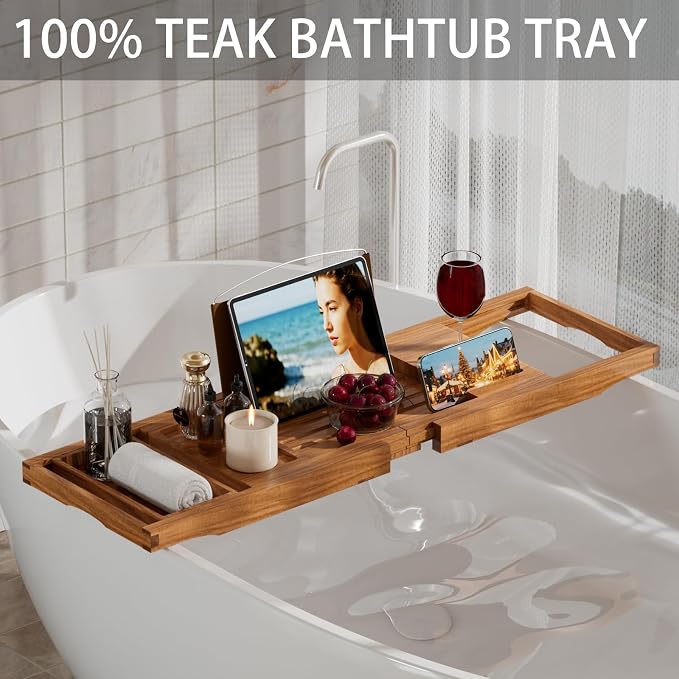 Teak Bathtub Caddy Tray for Tub, Foldable Luxury Bath Table Tray with Book and Wine Glass Holder, Expandable Bathroom Accessories for Spa or Reading