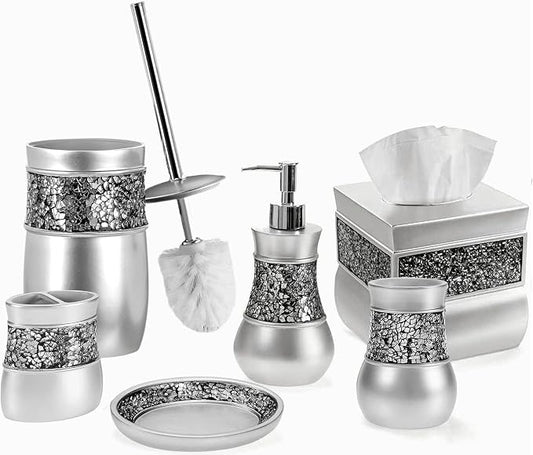 Creative Scents Crackled Glass Silver Bathroom Accessories Set - 6 Piece Bathroom Set Includes: Toilet Brush and Holder Set, Tissue Box Cover, Toothbrush Holder, Soap Dispenser, Soap Dish & Tumbler