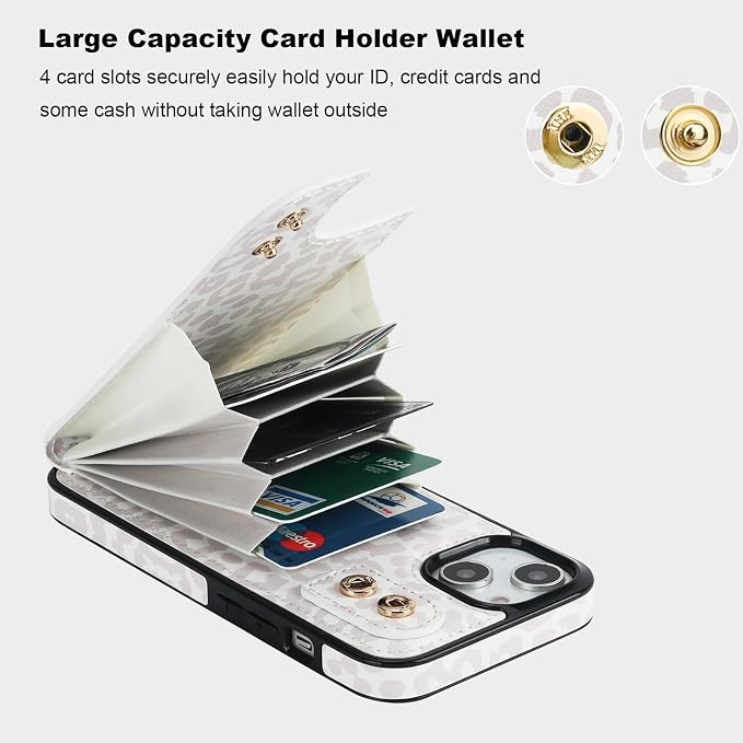 HAOPINSH for iPhone 13/ iPhone 14 Wallet Case with Card Holder, 360°Rotation Ring Kickstand, White Leopard Cheetah Pattern, RFID Blocking Leather for Girls Women, Double Buttons Flip 6.1"