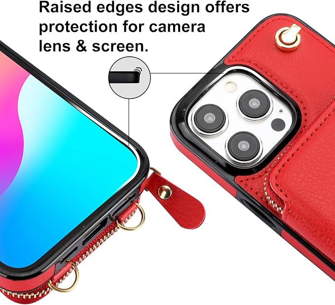 Bocasal Crossbody Wallet Case for iPhone 15 Pro Max, RFID Blocking Leather Purse Case with Card Holder, Protective Handbag Flip Cover with Zipper Wrist Strap Lanyard for Women 5G 6.7 Inch (Red)