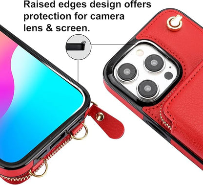 Bocasal Crossbody Wallet Case for iPhone 15 Pro Max, RFID Blocking Leather Purse Case with Card Holder, Protective Handbag Flip Cover with Zipper Wrist Strap Lanyard for Women 5G 6.7 Inch (Red)
