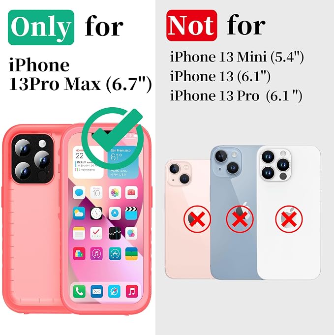 Cozycase Compatible with iPhone 13 Pro Max Waterproof Case - Full Body Dustproof Shockproof Built-in Screen Protector Rugged Waterproof Case for iPhone 13 Pro Max 6.7 Inch Pink
