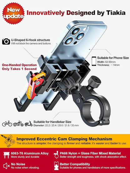 Tiakia Bike Phone Mount Holder, Aluminum Motorcycle Phone Mount, Handlebar Mounted Cell Phone Holder for Bike, 360° Rotation, Universal Bicycle Phone Mount for 4.5-7 Inch Phones