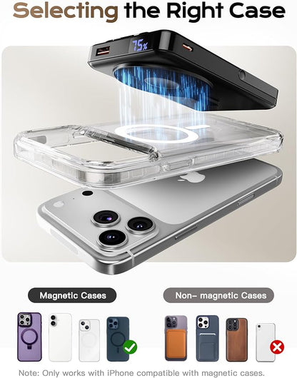 for Magsafe Portable Charger, 10000mAh Power Bank, Dark Black | PD 22.5W Fast Charging with USB-C Cable, Foldable Stand, Magnetic Wireless Charger for iPhone 17/16/15/14/13/12 Series