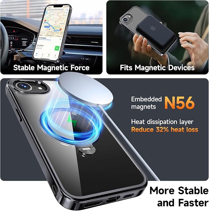 [Tri-Shield Protection] for iPhone 17e/16e Case with 360° Spin Stand Compatible with MagSafe [Magnetic CD Ring] [Screen & Camera Lens Protector] Shockproof Plating Never-Yellowing, Black-6.1"