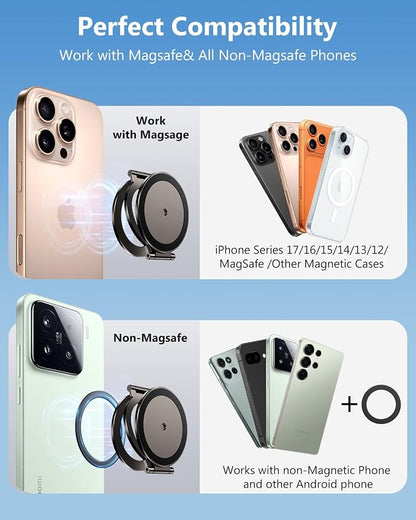 Dual Magnetic Phone Ring Holder for MagSafe, Compatible with Magnet Gym Golf, Car Mount, 1/4" Screw Hole Tripod Adapter Mount, Phone Grip for iPhone 17/16/15/14/13/12 Pro Max/Samsung & Androids