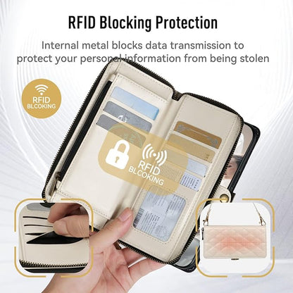 Rssviss Crossbody Case Wallet for iPhone 16 Pro, RFID Blocking Leather Case with Card Holder Kickstand, Handbag Zipper Flip Cover with Wrist Strap for iPhone 16 Pro Men Women 6.3", White