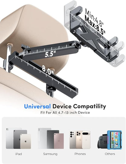 ELWEY iPad Holder for Car Backseat, Headrest Tablet Holder for Car Back Seat, [3 in 1 Extension Arm] Adjustable iPad Car Mount for Kids, for 4.7-13" Device Like iPad Pro, Air, Mini, Galaxy, Fire HD