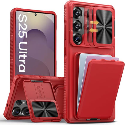 SSLOTSCASE for Samsung Galaxy S25 Ultra Case with Wallet & Stand & Sliding Camera Lens Cover & Card Holder, Heavy-Duty Rugged Silicone Edge Protective Phone Case Cover for S25 Ultra 5G 6.9" 2025, Red