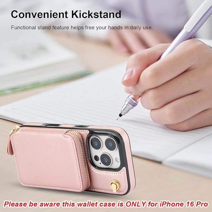 Bocasal Crossbody Wallet Case for iPhone 16 Pro, RFID Blocking Leather Purse Case with Card Holder, Protective Handbag Flip Cover with Zipper Wrist Strap Lanyard for Women 5G 6.3 Inch (Rose Gold)
