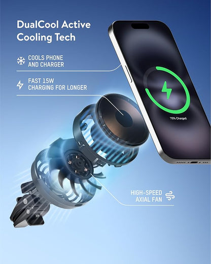 Mous 15W Qi2 Wireless Charging Vent Mount, Designed for MagSafe Car Phone Holder- Fast Cooling Magnetic Car Mount Charger Compatible with iPhone 17/16/15/14, Pixel 10, S26/S25 Series - Air Vent