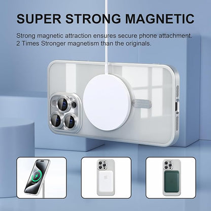Misea Magnetic for iPhone 15 Pro Case [Never Yellowing] [Military Grade Drop Protection] Full Camera Lens Protector Soft Clear Phone Case for Women Girls, Titanium Silver