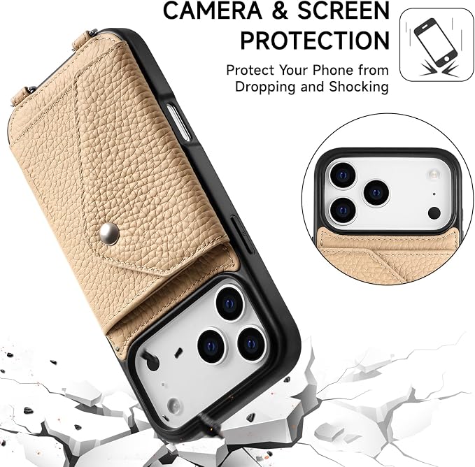 LUCKYCOIN for iPhone 17 Pro Max Crossbody Wallet Case – Genuine Leather Phone Purse with Adjustable Strap and Card Holder,Lanyard Phone Purse Case for Women,Pebble Grain Beige