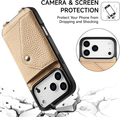 LUCKYCOIN for iPhone 17 Pro Max Crossbody Wallet Case – Genuine Leather Phone Purse with Adjustable Strap and Card Holder,Lanyard Phone Purse Case for Women,Pebble Grain Beige