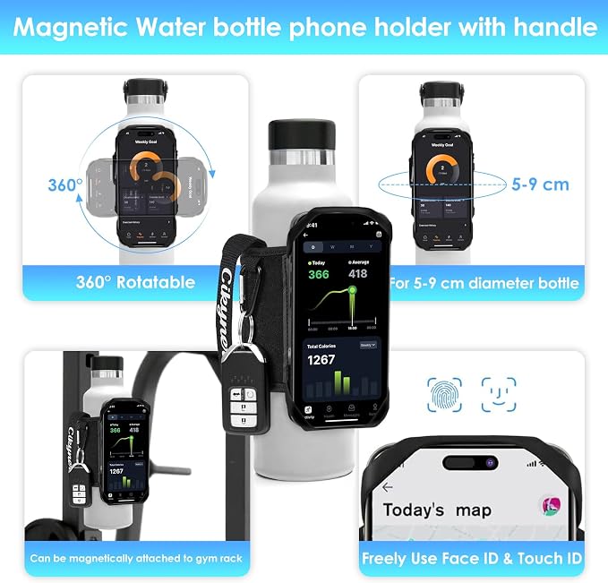 Cikyner Magnetic Water Bottle Strap with Handle, Water Bottle Holder for Mobile Phone 360° Rotatable & Removable Water Bottle Pouch Gym Water Bottle Accessory for 4.5-7'' Phone & 18-40oz Water Bottles