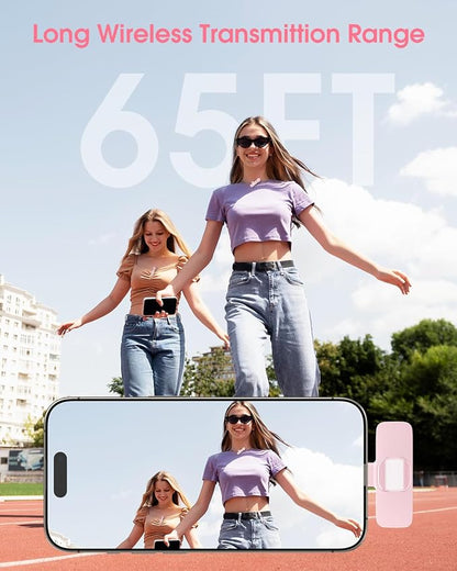 Mini Wireless Lavalier Microphone for iPhone 16/15/14/Android, Lapel Mic with Noise Reduction, 12H, 65ft, Pink Tiny Microphone Content Creator Interview for Vlog YouTube TikTok Recording (Pink)