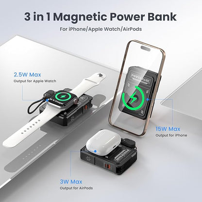 for Magsafe Battery Pack 10000mAh,5-in-1 Magnetic Portable Charger with Wall Plug, Wireless Power Bank for Apple Watch,22.5W Fast Charging PowerBank for iPhone 17 Pro Max/16/15/14/13/12 Mini