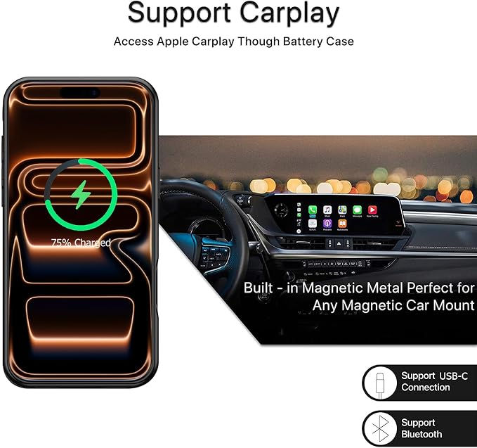 Battery Case for iPhone 17 Pro,Upgraded 10000mAh High Capacity Rechargeable Portable Extended Charger Case Wireless Charging Compatible with iPhone 17 Pro(6.3 inch) Charging Cover & Carplay (Black)