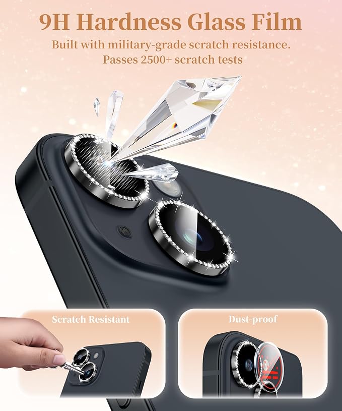 GolbinBox Camera Lens Protector for iPhone 14/14 Plus, 1:1 Invisible Fit, 9H Tempered Glass Ultra HD Metal Individual Camera Cover for Women, Case Friendly, Bling/Black