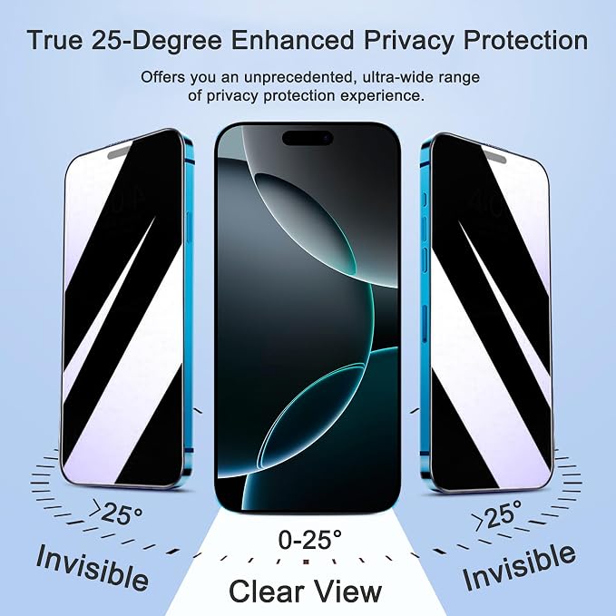 2 Pack 25° Ultra Privacy Screen Protector for iPhone 16 Pro Max, [Auto-Dust Removal and Auto-Alignment], Wide-Angle Anti-Spy Tempered Glass Film, Easy and Quick Installation