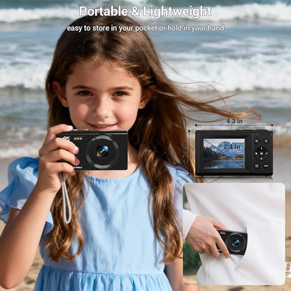 Digital Camera, 4K 44MP Autofocus Point and Shoot Camera with 16X Zoom 2.4" LCD Portable Compact Camera for Kids Teens Boys Girls Adults