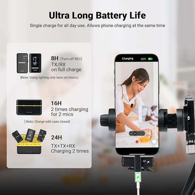 NEEWER CM28 (1 RX + 2 TX + Charging Case), Wireless Lavalier Microphone, Smart Noise Cancelling, 48KHz/16Bit 9 Hrs Uncompressed Recording, 656ft/200m Range, Lav Mic for iPhone, Android, Camera