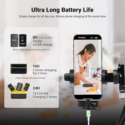 NEEWER CM28 (1 RX + 2 TX + Charging Case), Wireless Lavalier Microphone, Smart Noise Cancelling, 48KHz/16Bit 9 Hrs Uncompressed Recording, 656ft/200m Range, Lav Mic for iPhone, Android, Camera