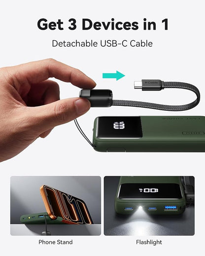 INIU Ultra Compact Power Bank, 10000mAh 45W Fast Charging Portable Charger with Detachable USB-C Cable & Stand, Flight-Safe Travel Battery Pack for Business Trip, Hiking, Cycling, Outdoor, Green