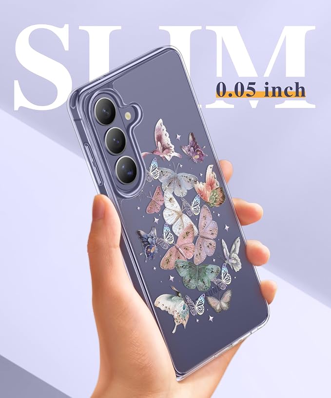 GVIEWIN for Samsung Galaxy S26 Plus Case, Clear Floral Slim Shockproof Protective Women Phone Case, Non-Yellowing, with Screen Protector&Camera Lens Protector for S26 Plus 6.7", Flutters/Purple