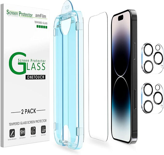amFilm 2 Pack Tempered Glass Screen Protector + Camera Lens Protector for iPhone 14 Pro Max 6.7 Inch. Easy OneTouch Installation, Auto-Alignment, Bubble Free, Case Friendly, Anti-Scratch