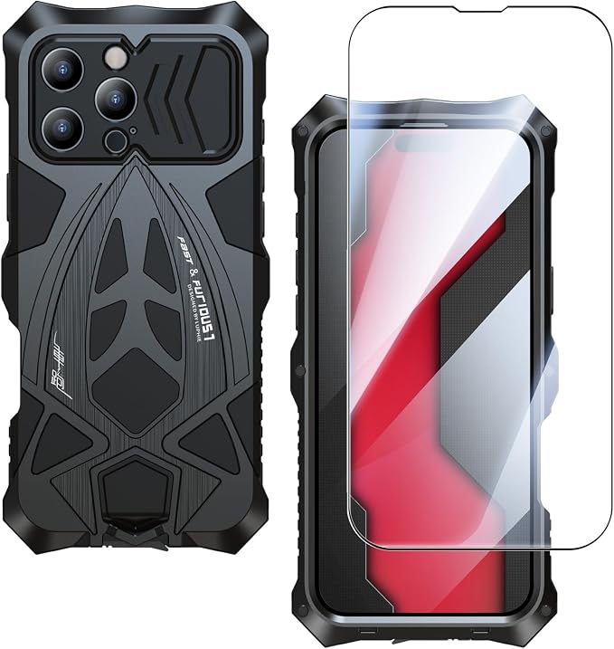Armor Phone Case for iPhone 16 Pro Max Military Grade Cover 360 Full Protection Heavy Duty Hybrid Metal Bumper Built-in Silicone Shockproof with Screen Protector - Black