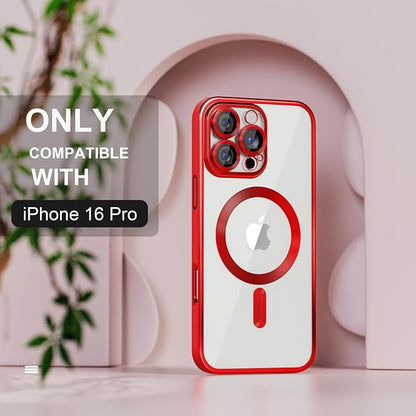 Misea Magnetic for iPhone 16 Pro Case Compatible with MagSafe [Never Yellowing] [Military Grade Drop Protection] Full Camera Lens Protector Plating Soft Clear Phone Case for Women 6.3", Red