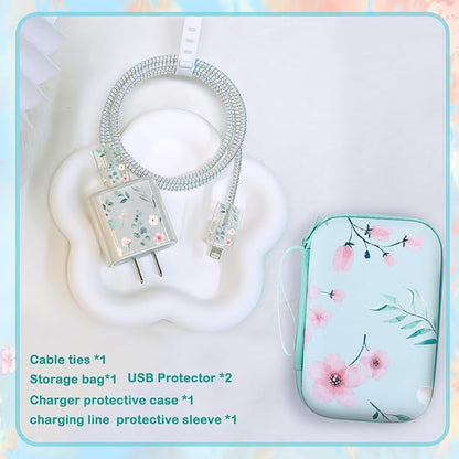 Cute DIY Phone Charger Case Storage Set with Cable Protector with Carrying Cable Case Bag, Cord Organizer, USB Earphone Wire Saver Organizer Charger Protector for iPhone (Green-Leafed Flower)