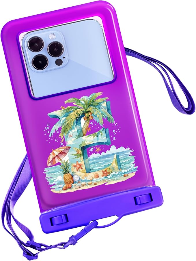 Personalized Initial Waterproof Phone Pouch Case - IPX8 Cellphone Dry Bag with Lanyard for iPhone 16/15/14/13/12 Pro Max (6.1–6.9"), Beach & Cruise Ship Essentials with Monogrammed Design (Purple, E)