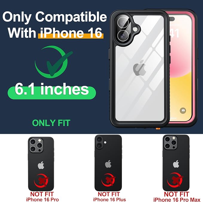 for iPhone 16 Case Waterproof, Built-in Privacy Screen & HD Screen Double Front Frame [IP68 Underwater] Shockproof Dustproof Full Body Protection iPhone 16 Phone Case Pink