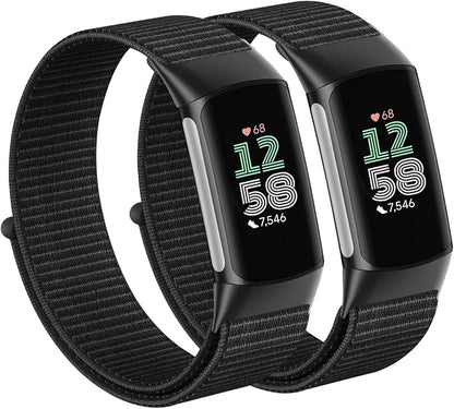 2 Pack Nylon Watch Bands Compatible with Fitbit Charge 5/Fitbit Charge 6 for Women Men, Velcro Sports Workout Replacement Soft Strap Wristbands Accessory for Charge 6/5 Fitness Tracker (5.9''-7.8'')