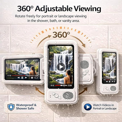 Waterproof Shower Phone Holder with Built-in Bluetooth Speaker, Wall Mount Touch Screen Phone Case for Bathroom, Anti-Fog Window, Fits Smartphones up to 7”, Hands-Free Video & Music (White)